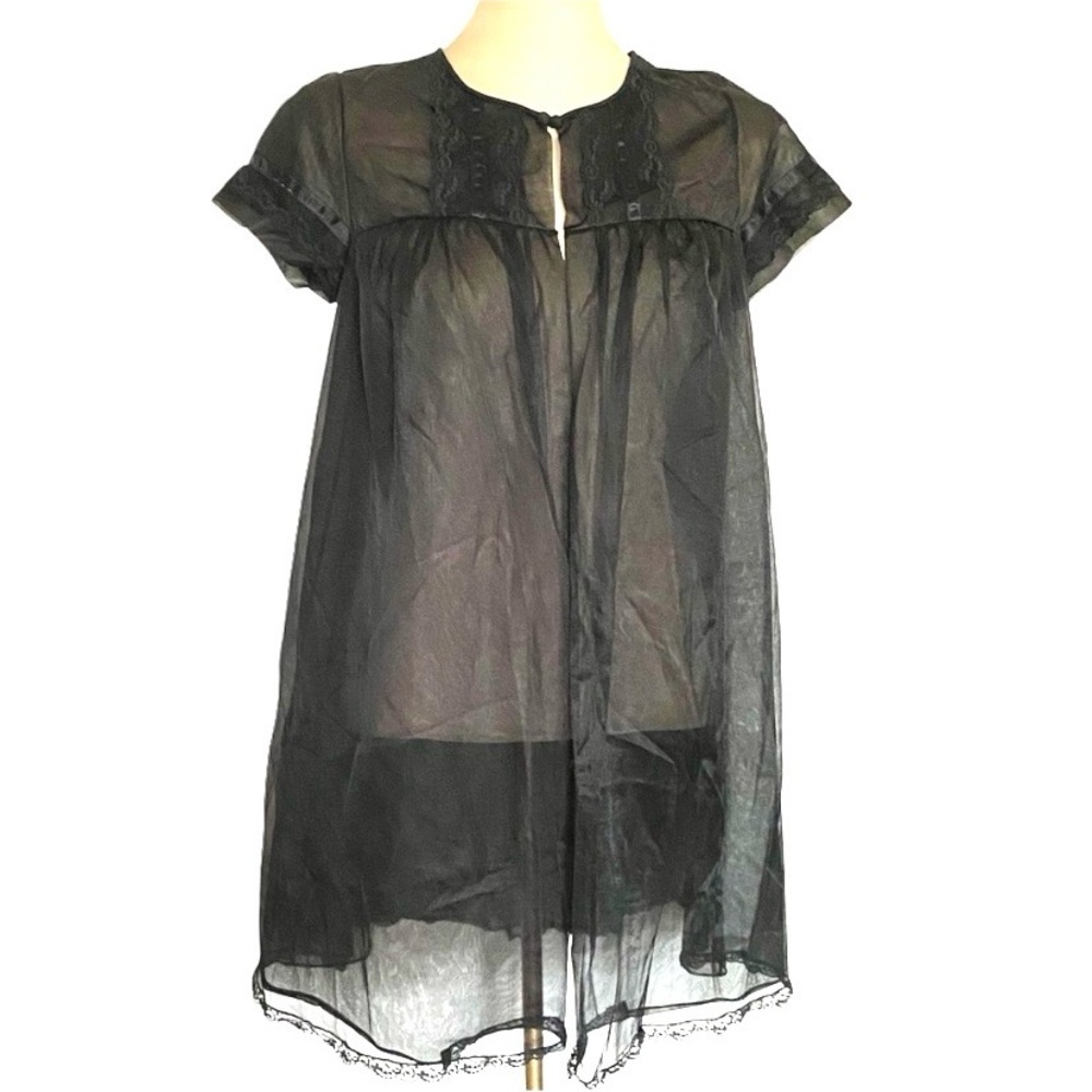 Vanity Fair Vintage Black Sheer Robe Babydoll Nightwear Top XS 60s